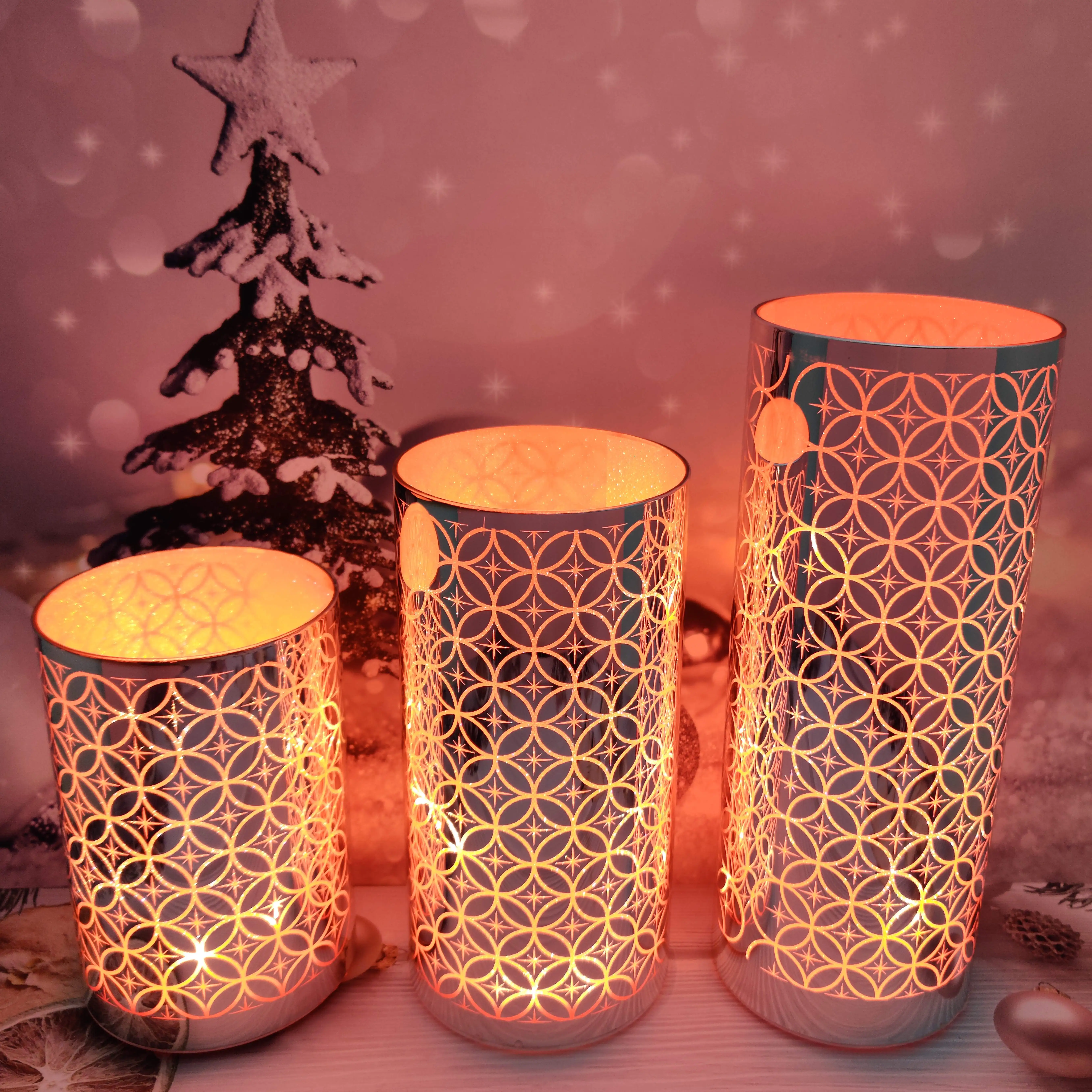 Battery operated led light up glass Christmas cylinder hurricane table decoration setting ideas details