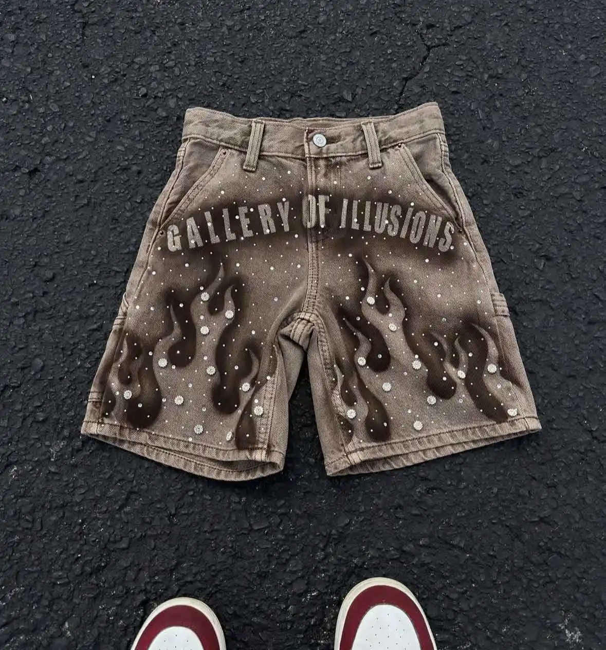 Y2K Summer High-street Fashion Men's Mid Cropped Boot Cut Denim Shorts Hand-painted Prints Rhinestone