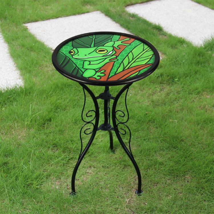 Coffee Glass Top Round Patio Outdoor  Table Bright Color The Pattern Table Of Frog Hiding In The Green Grass