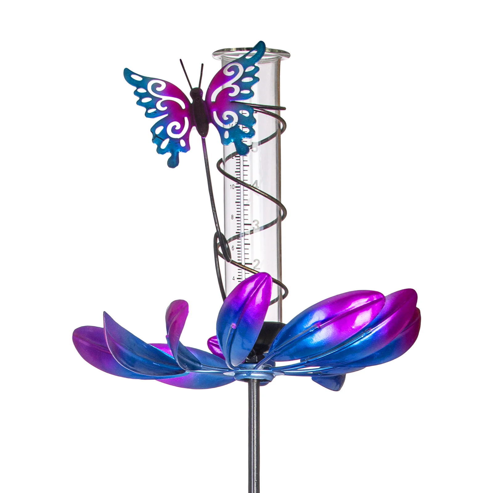 36Inch Solar Rain Gauge Outdoor Butterfly with Glass Tube Solar Wind Spinners for Patio Lawn 