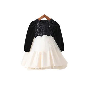 Girls' Lace Sequined Dress 2025 Autumn New Style Children's Velvet Light Luxury Long-sleeved Princess Dress