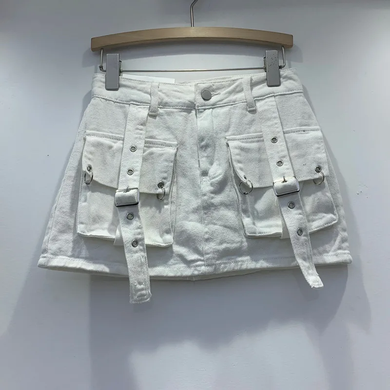 2024年夏物女性向けビッグポケットヴィンテージショートジーンスカート 女性用Aラインミニスカート ストリートウェア風ポケット付きカーゴデニムスカート