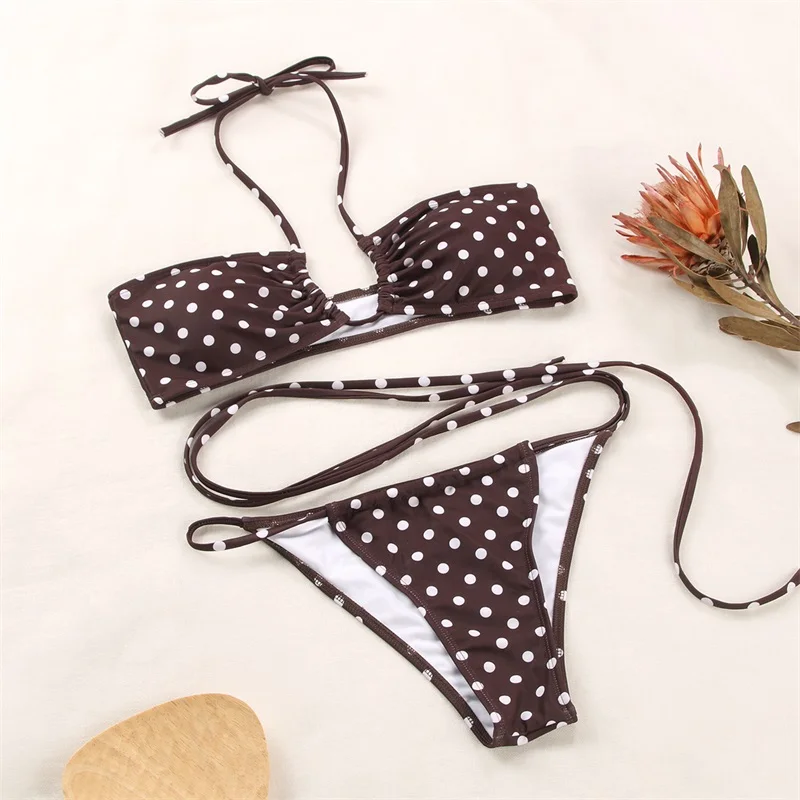 Low MOQ Custom Dot Printing Micro Sexy Bikinis Beachwear Low Waist Thong Bathing Suit Swimwear for Women
