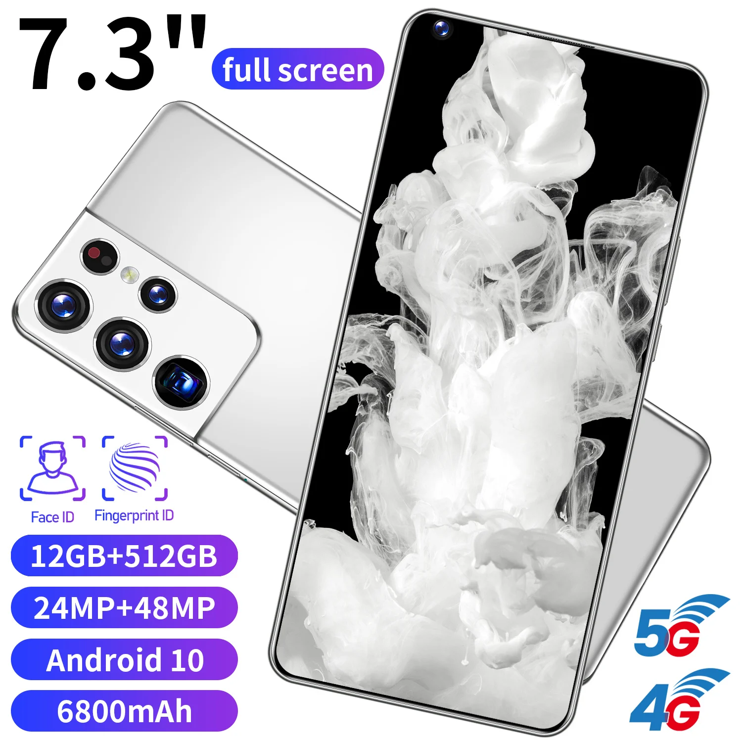 Smartphone S21 Ultra 12+512GB MTK6889 10-core 7.3-inch HD 1440*3200 5G  24MP+48MP battery 6800mah Android 10.0 dual card dual standby face  recognition factory direct supply 