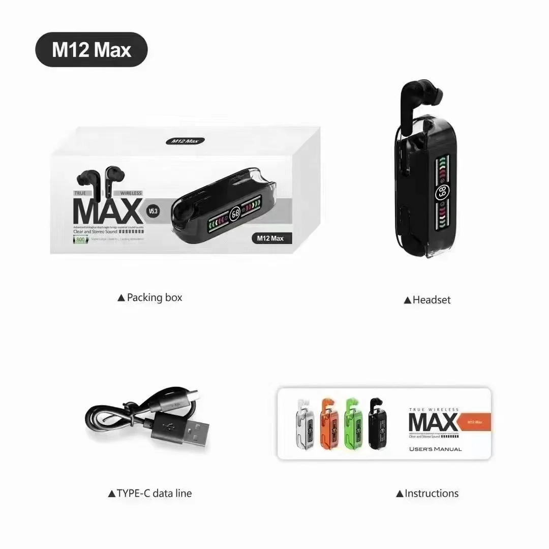 2023 New Trending M12 Max Tws Earphone Audifonos Gaming Earbud M12 Auriculares Headset With LED Power Bank for Smart Phones