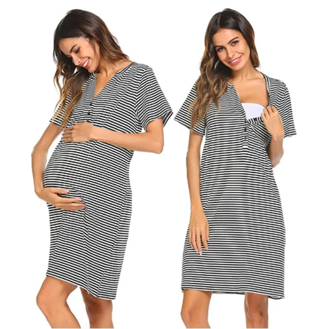 Breastfeeding Dress Women Casual Short Sleeve T-Shirt Pregnant Nursing Dress Knee Length Cotton Nightdress Plus Size 