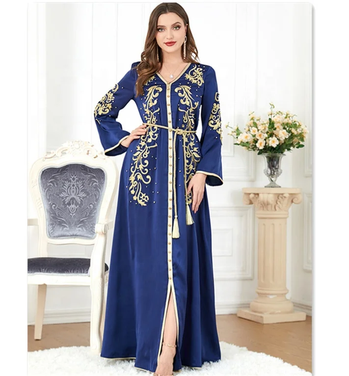Women Elegant Casual Floral Embroidery Beaded Long Sleeve Muslim Dresses  Party Belted Kaftan Eid Ramadan Modest Ethnic Clothing