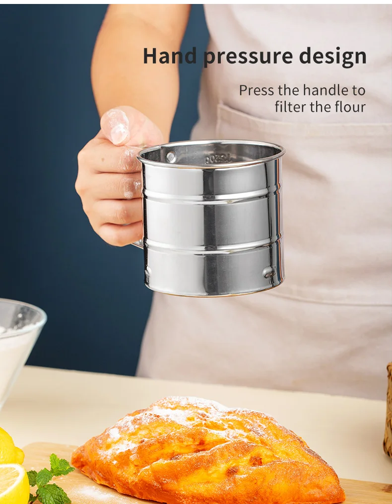 Stainless Steel Shaker Sieve Cup Mesh Crank Flour Sifter with Measuring Scale for Flour Icing Sugar