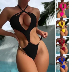 2023 New Style High Waist Bandeau Bikini Solid Spandex/Polyester Breathable Sexy Hollow Tie Halter Swimsuit European American