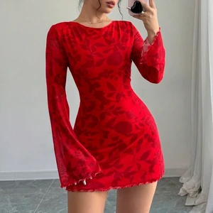 2026 Autumn New Women's Floral Print Bodycon Mini Dress Fashion Y2K Streetwear O Neck Long Sleeve Slim Backless Dress