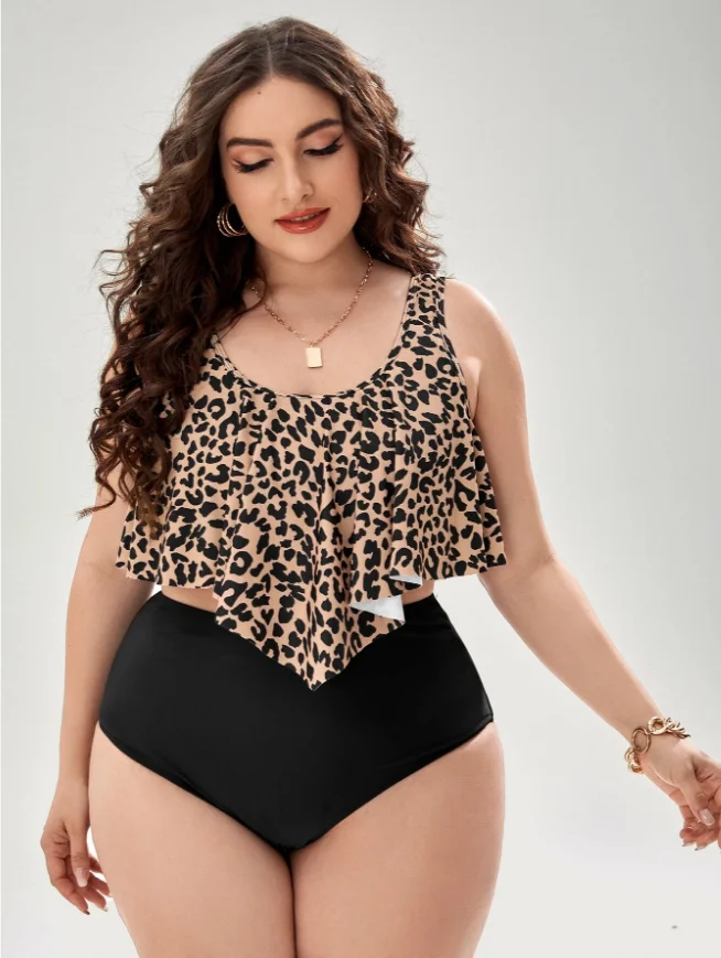 Eco Friendly Recycled Nylon Swimwear Plus Size Women Leopard Printed Ruffle Top High Waist Bottom Bathing Suit