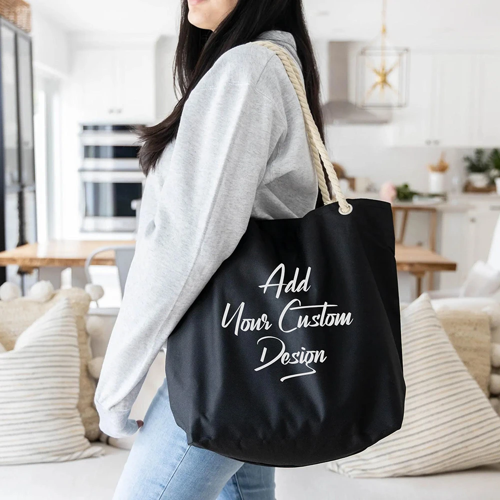 Custom Printed Logo Cotton Canvas Lady Tote Beach Bag Shoulder Shopping Bag With Cotton Rope Handle