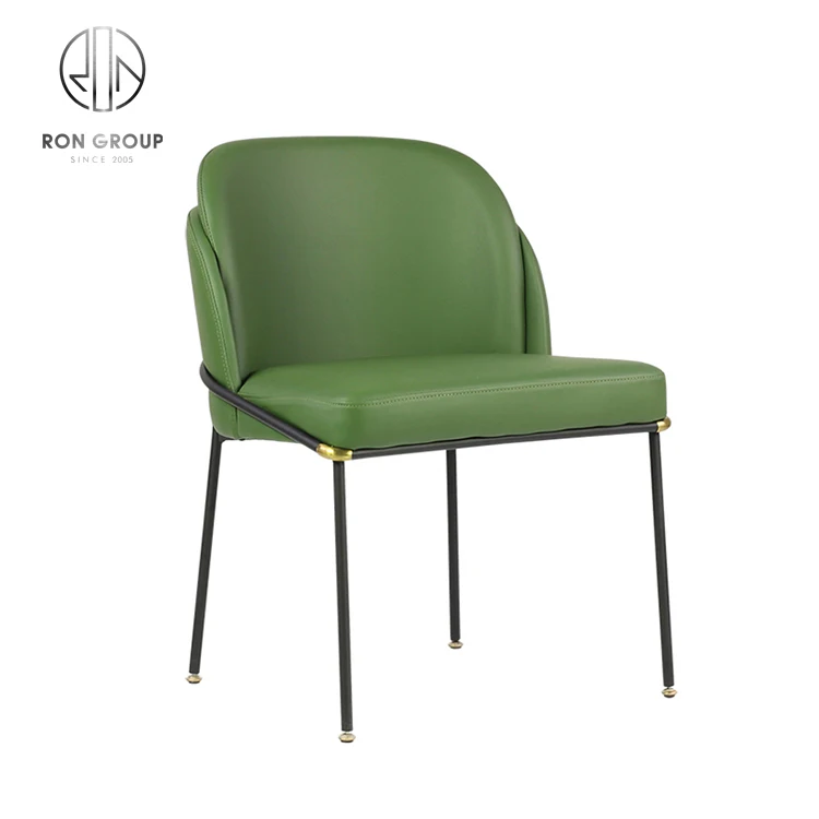 Classical Black Metal Frame Real Leather Dining Chair for Restaurant Kitchen With Green Armrest
