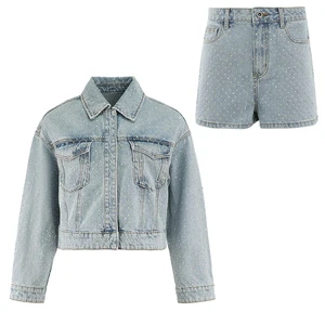 Customizable Girls Denim Jacket Shorts Set Sparkling Rhinestones Decor Kids Fashion Outfit