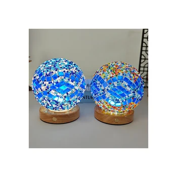 USB Plug-in Three-Color Infinitely Dimming LED Lamp Wooden Base Glass Mosaic Table Lamp Bedroom Baroque Night Light