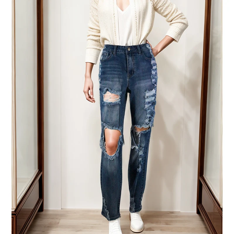 Women Fashion Plus Size Scratched Ripped Women's Jeans Pants