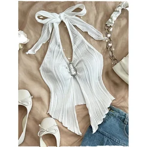 Y2K Breathable Knitted Polyester Spandex Women's Summer Sleeveless Solid Sexy Club Halter Neck Tank Tops