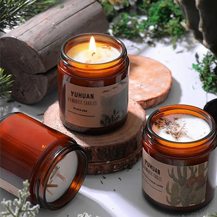 Amber Round Glass Jars With Black Lids Empty Candle Making Jars ...