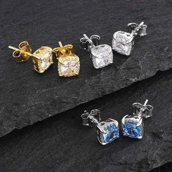 KRKC Hip Hop stud hoop sterling silver 925 earring gold fashion round square 7mm 7.5mm Blue diamond CZ earrings for men women