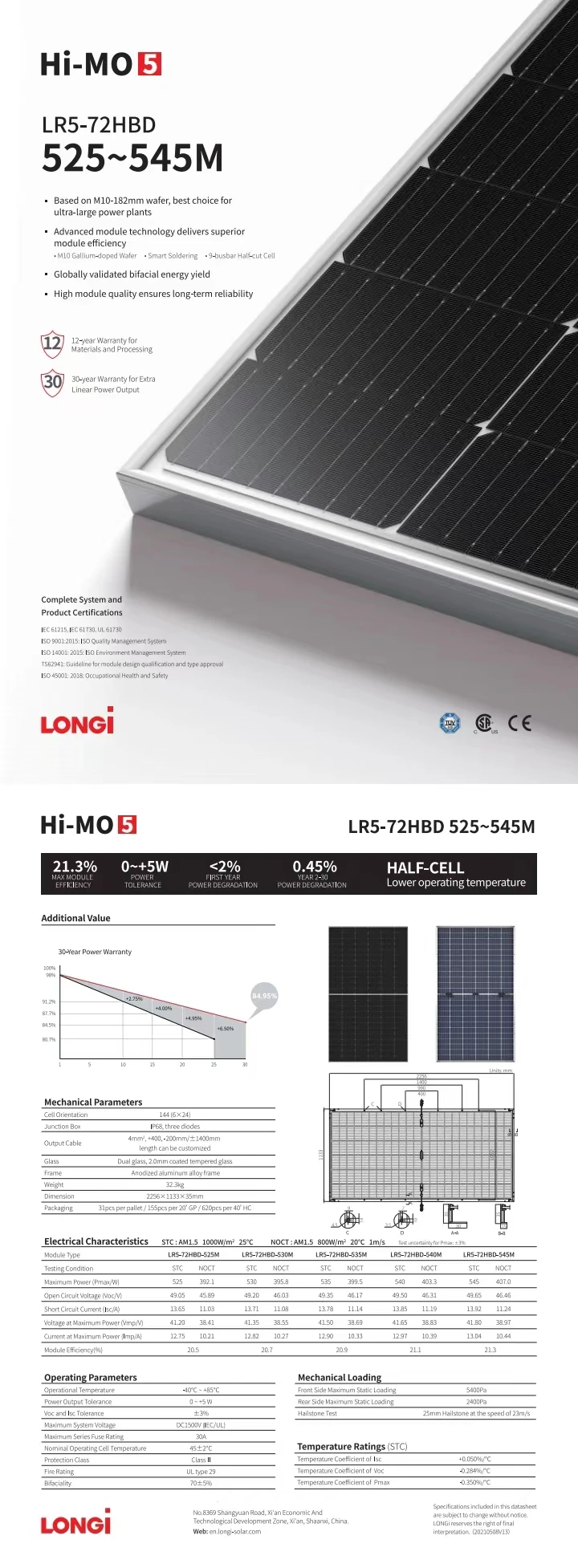 550W Bifacial Double Glass Solar Panel - 30 Years Warranty