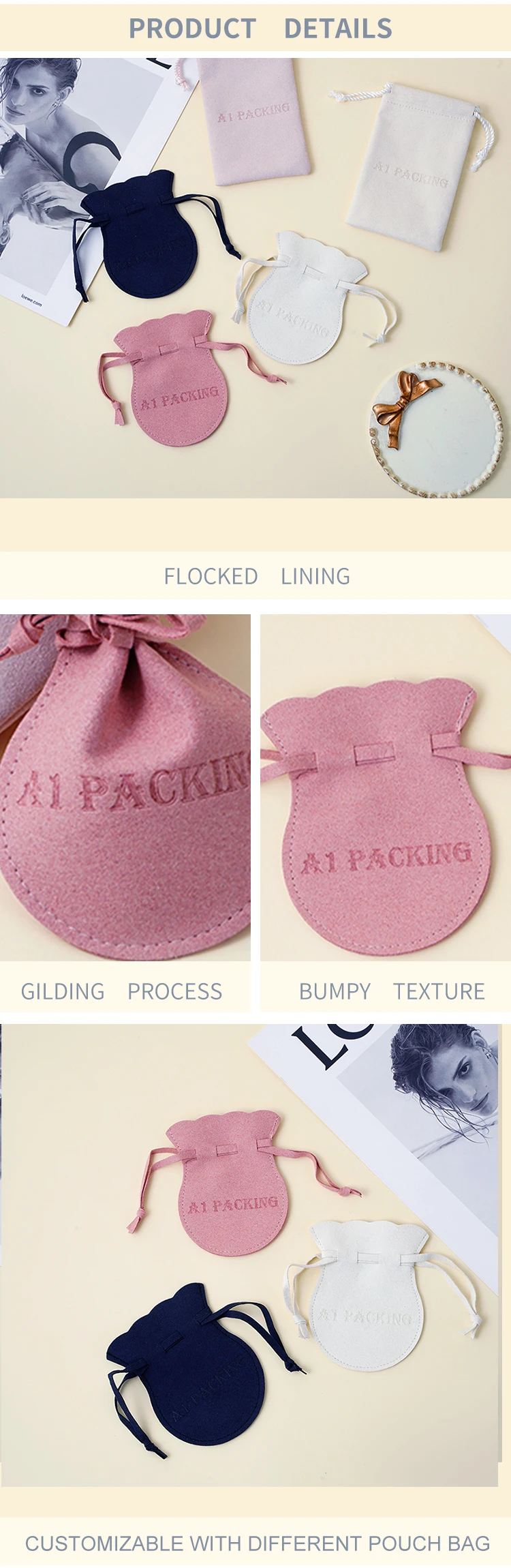 A1 Custom Emboss Logo Microfiber Jewelry Flap Pouch Luxury Pink Envelope Suede Earring Necklace Packaging Custom Size Custom manufacture
