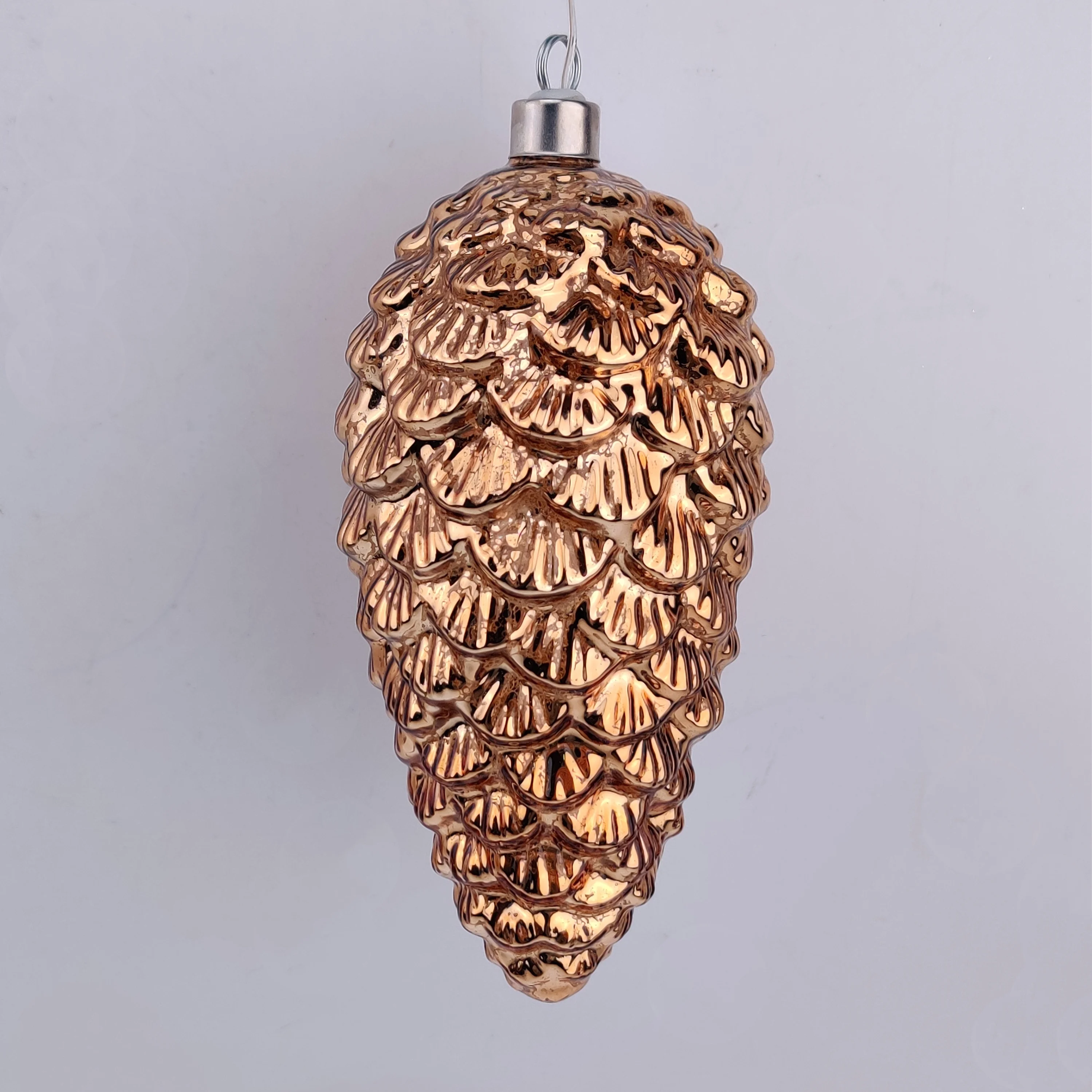 Shiny Christmas new style  glass hanging gold pine cone shaped ball led lights factory