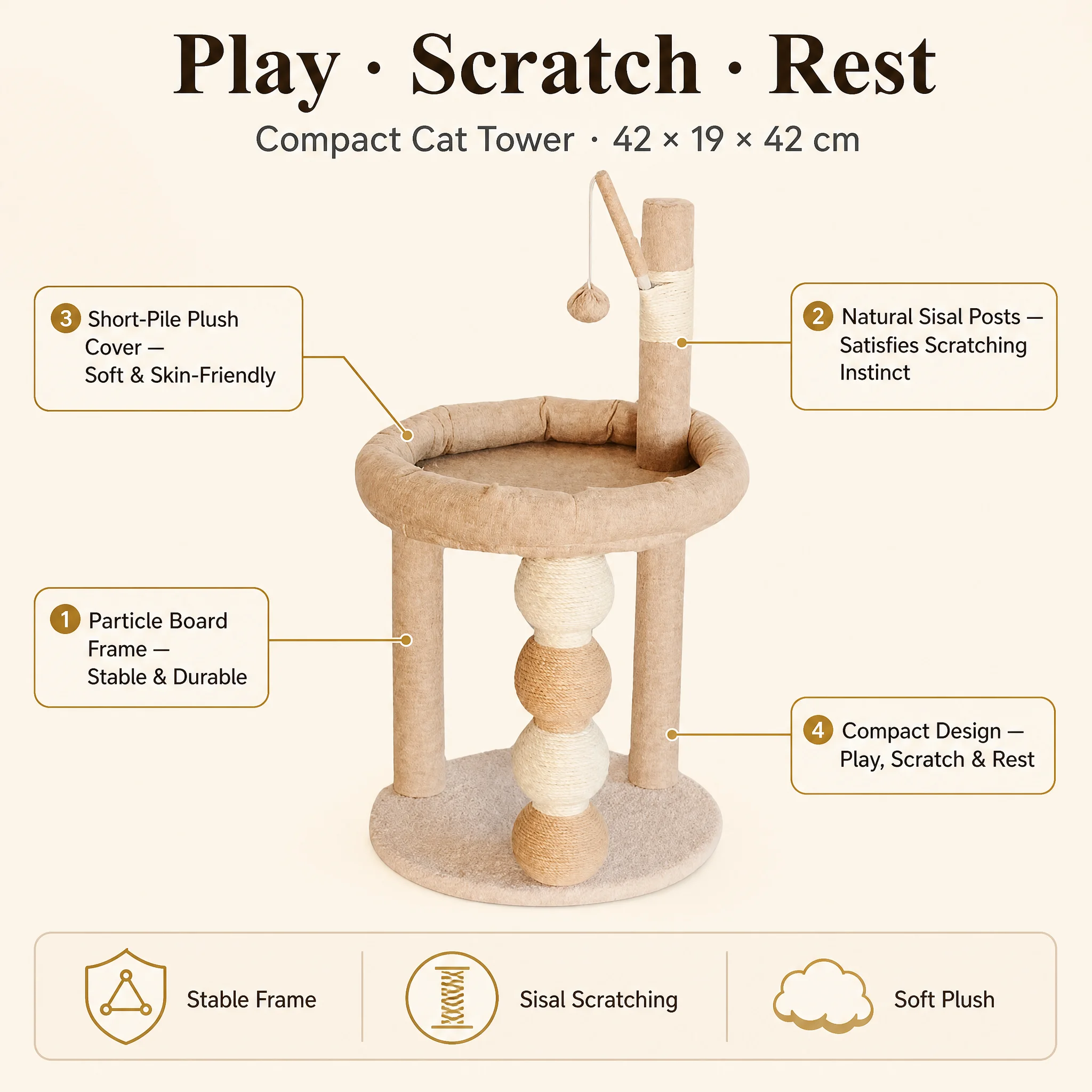 Modern Plush Wooden Cat Tree Dust — Product details 5