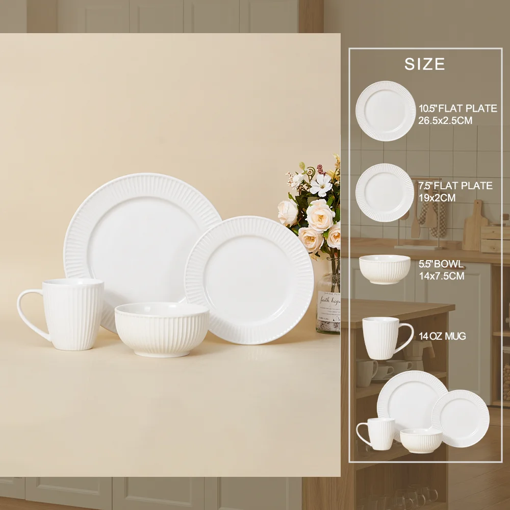 Customized Modern White Ceramic Dinnerware Set Embossed and Durable for Home Hotel or Holidays