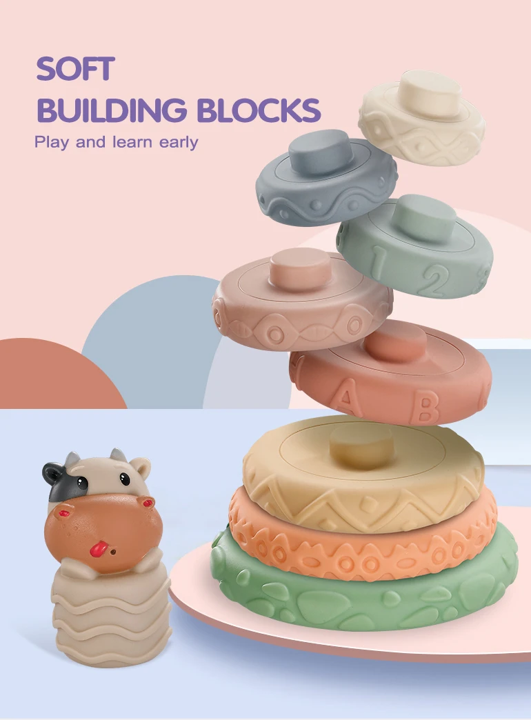 Educational learning sets tower baby stacker 9 layer silicone stacking teether animal baby soft stacking building blocks toys