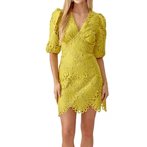 Lady Modest V-neck Elbow-length Sleeve Mini Dress With Romantic Eyelets Lace Elegant Slim Women's Dresses