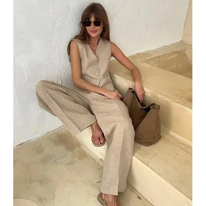 2024 Spring Summer Two Piece Wide Leg Pants Set Women V-neck Single Breasted Sleeveless Vest+Straight Wide Leg Shorts Suit Set
