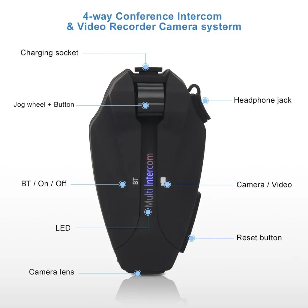 Helmet Bluetooth Intercom Headset 4 Riders Intercom with Camera Function and FM Good Quality Video Recorder Black OEM 12 Months