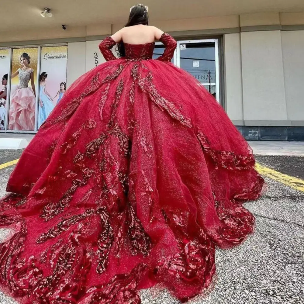Princess Burgundy Glitter Tulle Quinceanera Dresses