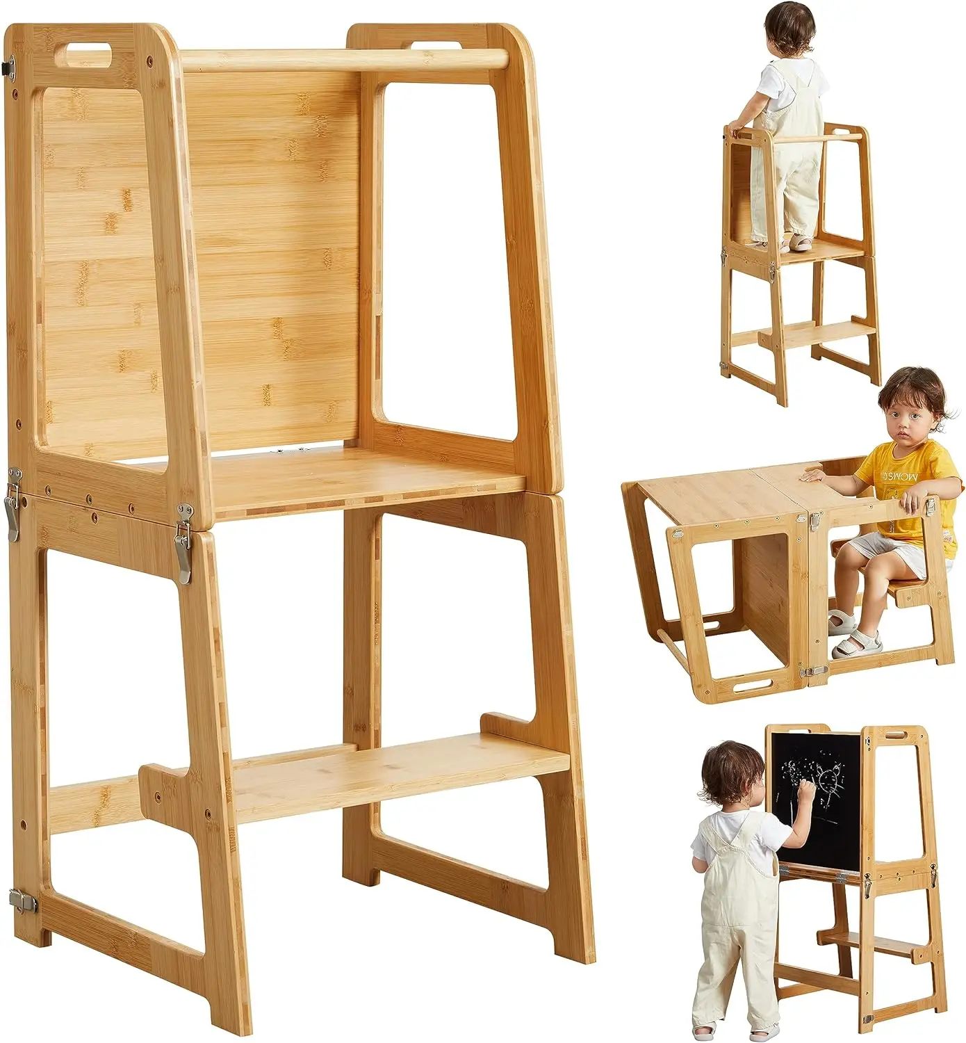 4-in-1 Bamboo Kitchen Learning Helper Stool Ottoman with Chalkboard Portable Desk Table Standing Tower for Toddlers Kids