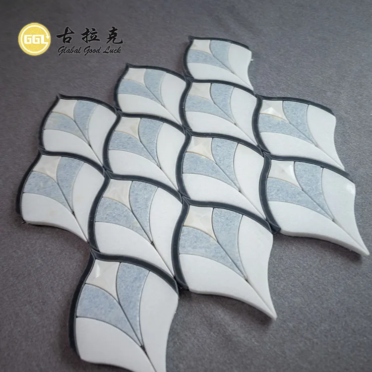 Fan Shape Marble Inlay Shell Pattern Waterjet Mosaic For Background Floor Tiles details