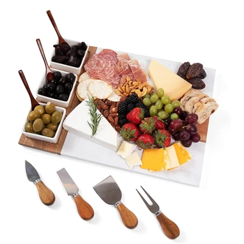 Hot Sale Marble Wood Cutting Board Cheese Board With 3 Ceramic Bowls Acacia Wood Cheese Board And Knife Set