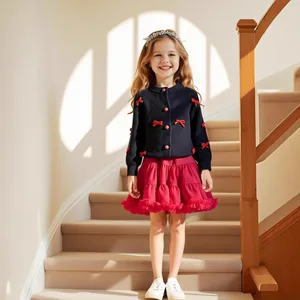 2026 Autumn Winter New Casual Christmas Neck Long Sleeve Versatile Outerwear Bowknot Knitted Cardigan Girls TUTU Skirt Set