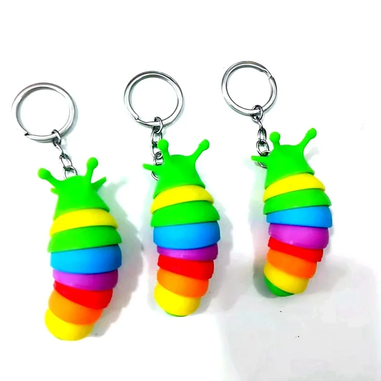 Mini Fidget Slug Keychain Toys 3D Articulated Stretch Caterpillar Sensory Stress Relief Flexible Hand Toy Keyring Bag Pendent