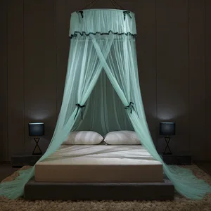 100% Polyester Lace Bow Hanging Type Mosquito Net Foldable Green Mesh Canopy for King and Queen Portable Outdoor Sleeping