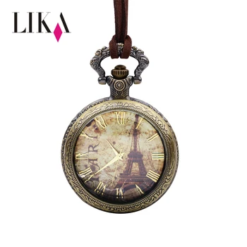 LIKA fashion antique pu leather chain necklace set brass color eiffel tower design alloy pocket necklace watch for women