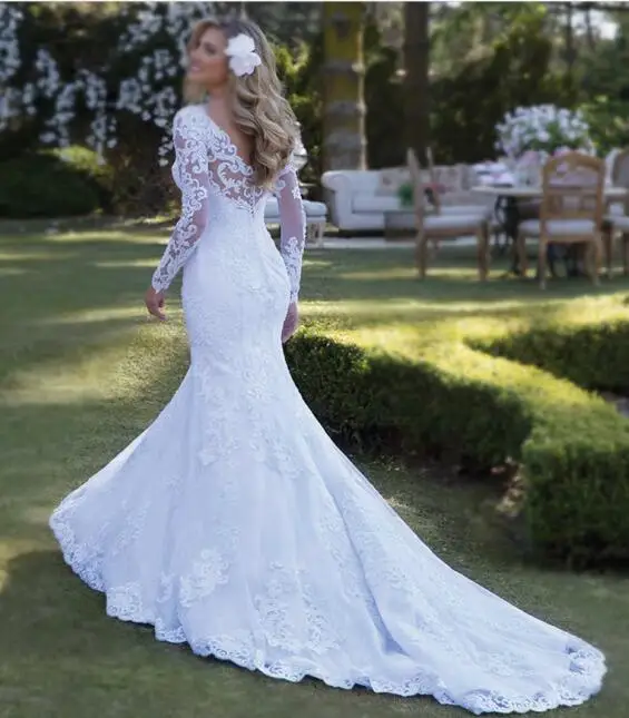 White Lace Long Sleeves Mermaid Wedding Dresses Shoulder Appliques Princess  Bridal Gown 2021 Vestido De Novio Wedding Gowns