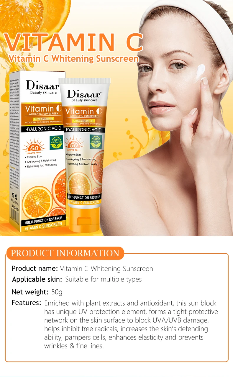 Disaar Sunscreen Cream Organic Vitamin C Sunblock SPF 50 Whitening Private Label Sunscreen