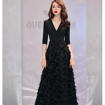 Black Long Evening Dress 2020 Elegant Long Sleeve Lace Formal Dresses Fashion V-neck Women Party Gown