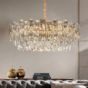 Decorative Adjustable Height Dining Room Hanging Lights 2 Tier Crystal Chandelier Pendant Light Fixtures for Dining Table