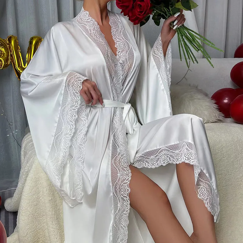 Hot Sale Luxury Satin Kimono Robe for Women Long Sleeve Lounge Wear Elegant Bathrobe with Lace Trim Sleepwear Hot Sale Luxury Satin Kimono Robe for Women Long Sleeve Lounge Wear Elegant Bathrobe with Lace Trim Sleepwear