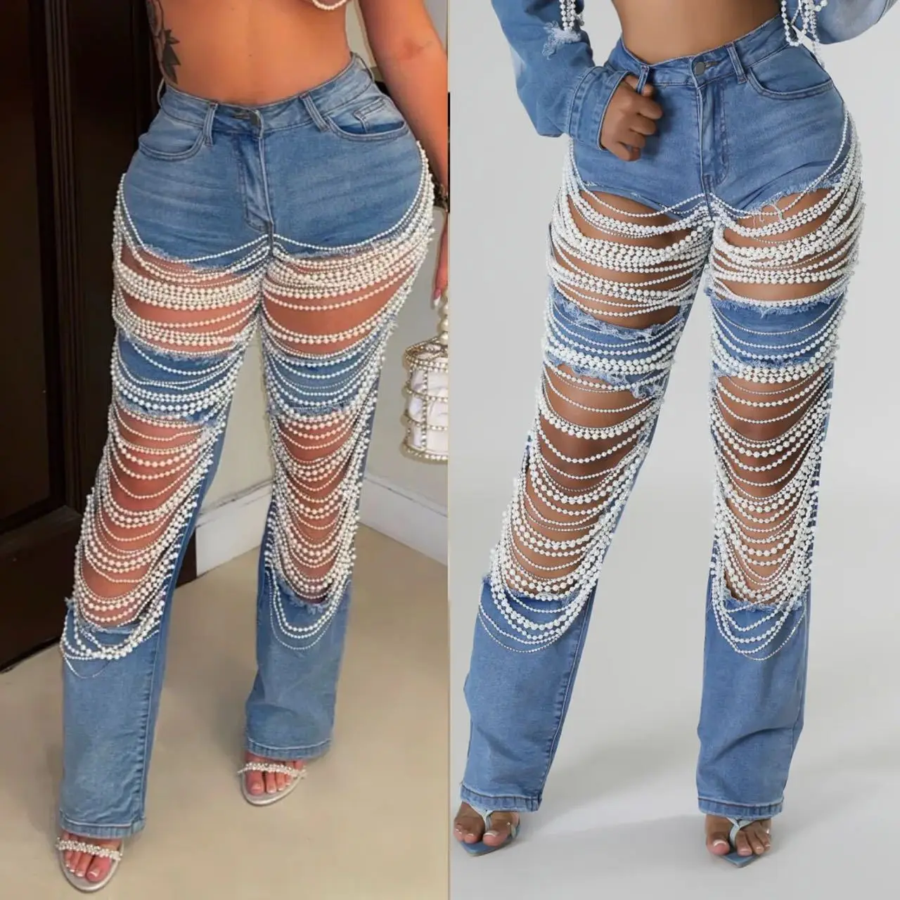 Hollow Out Pearl Patchwork Unique Design Cotton Custom Washed Stretched Ripped Pants Ladies Casual Denim Jeans Trouser for Women
