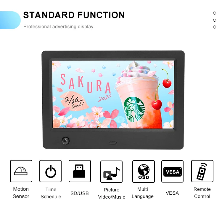 Made in China LCD Frameless Mini 7 Inch Digital Photo Picture Frame Motion Sensor Video Frame