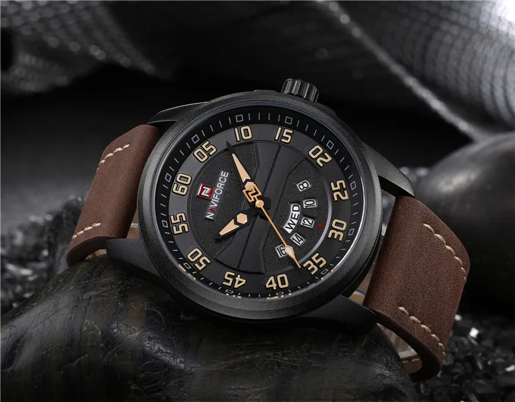 NAVIFORCE Men Watch Date Week Sport Mens Watches Luxury Business Genuine Leather Quartz Male Clock 9124