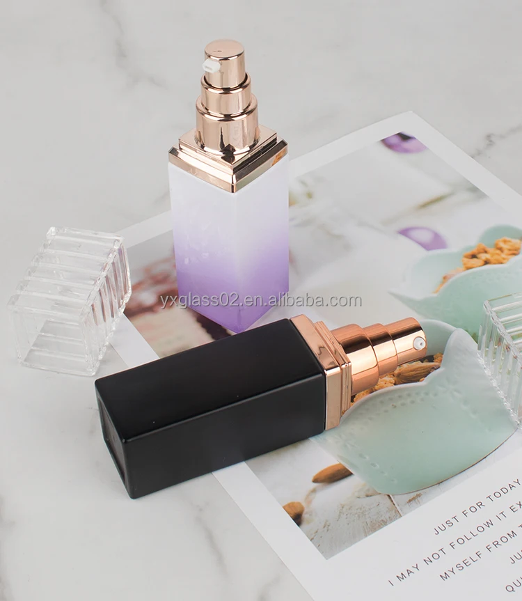 cosmetic glass packing set 120ml 100ml 40ml rectangular glass bottle with aluminum pump and transparent cover details