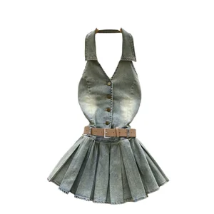 Summer Y2K Women's Casual Empire Backless Denim Dress Halter Pleated Midi Anti-Wrinkle Feature Woven Front Logo Sashes
